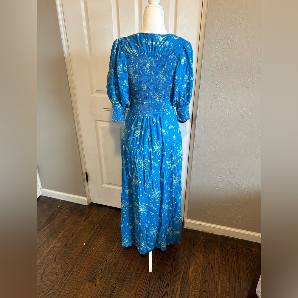 Free People Vibrant Blue Floral Long Sleeve Dress cutout button tie dress - Picture 9 of 10